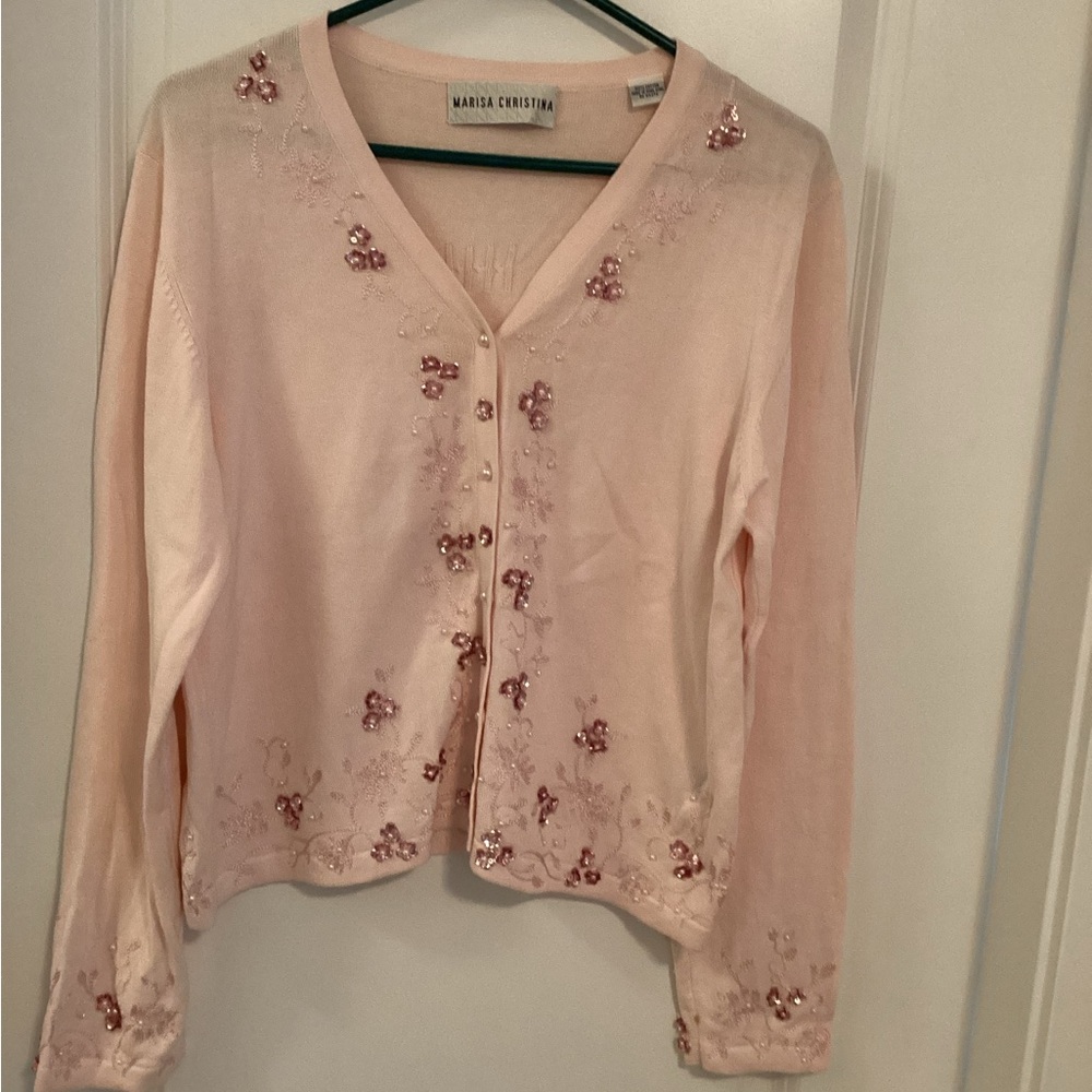 Marisa Christina Light Pink Beaded Floral Cardigan